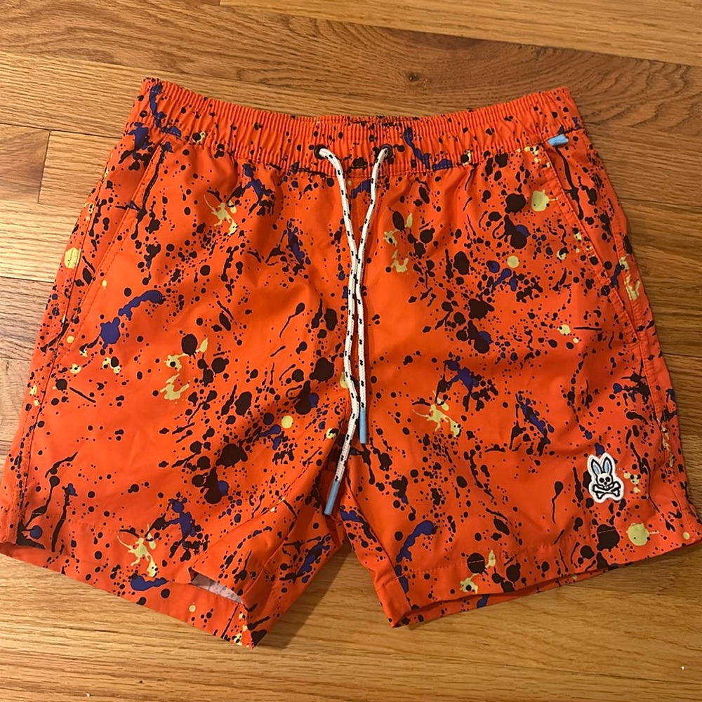 PSYCHO BUNNY Orange Splatter Paint Swim Trunks xxs